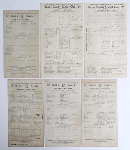 India tours to England 1932 & 1936. Six official scorecards for Test and tour matches, the majority with incomplete printed and handwritten scores unless stated. Matches are England v All India, inaugural Test, Lord&rsquo;s, 25th- 28th June 1932, England won by