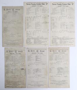 India tours to England 1932 & 1936. Six official scorecards for Test and tour matches, the majority with incomplete printed and handwritten scores unless stated. Matches are England v All India, inaugural Test, Lord&rsquo;s, 25th- 28th June 1932, England won by