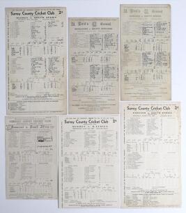 South Africa tour to England 1935. Six official scorecards for Test and tour matches, the majority with complete printed and handwritten scores unless stated. Matches are v Surrey, Kennington Oval, 11th- 14th May, South Africans won by 190 runs (Nourse 14