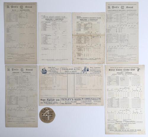Australia tour to England 1938. Seven official scorecards for Test and tour matches, all with incomplete printed and/ or handwritten scores. Matches are v M.C.C., Lord&rsquo;s, 14th- 17th May, match drawn (Bradman 278). England v Australia, 1st Test, Trent Brid