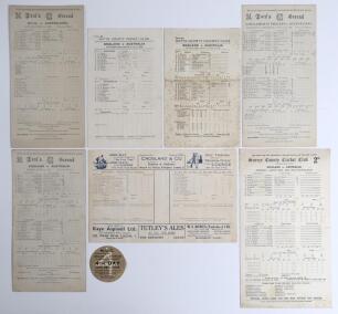 Australia tour to England 1938. Seven official scorecards for Test and tour matches, all with incomplete printed and/ or handwritten scores. Matches are v M.C.C., Lord&rsquo;s, 14th- 17th May, match drawn (Bradman 278). England v Australia, 1st Test, Trent Brid