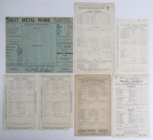 Australia tour to England 1938. Thirteen official scorecards for Test and tour matches, all with incomplete printed and/ or handwritten scores. Includes one rarer scorecard for the final match of the tour v Ireland at Dublin, 16th & 17th September, Austra