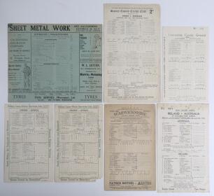 Australia tour to England 1938. Thirteen official scorecards for Test and tour matches, all with incomplete printed and/ or handwritten scores. Includes one rarer scorecard for the final match of the tour v Ireland at Dublin, 16th & 17th September, Austra
