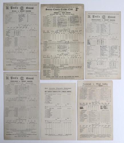 West Indies tour to England 1939. Six official scorecards for Test and tour matches, all with incomplete printed and/ or handwritten scores unless stated. Matches are v M.C.C., Lord&rsquo;s, 13th- 16th May, match drawn (Compton 115). v Surrey, Kennington Oval, 