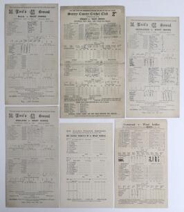 West Indies tour to England 1939. Six official scorecards for Test and tour matches, all with incomplete printed and/ or handwritten scores unless stated. Matches are v M.C.C., Lord&rsquo;s, 13th- 16th May, match drawn (Compton 115). v Surrey, Kennington Oval, 