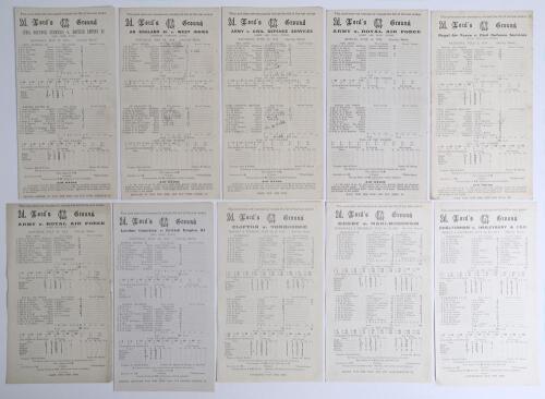Wartime cricket 1943. A good selection of twenty official scorecards for matches played in 1943, the majority with complete printed scores unless stated. Includes nineteen for matches played at Lord&rsquo;s, Civil Defence Services v British Empire XI, 22nd May,