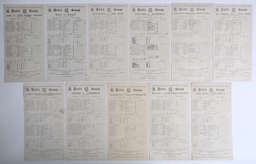 Wartime cricket 1944. A good selection of twenty two official scorecards for matches played in 1944, the majority with complete printed, some handwritten, scores unless stated. Includes sixteen for matches played at Lord&rsquo;s, Army v Civil Defence Services, 