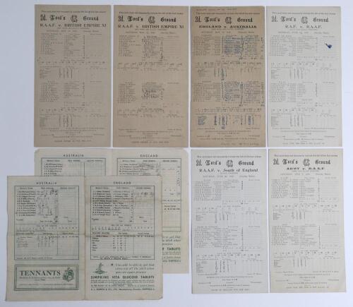 Wartime cricket 1945. A good selection of fifteen official scorecards for matches played in 1945, the majority with complete printed, some handwritten, scores. Includes ten for matches played at Lord&rsquo;s, R.A.A.F. v British Empire, 12th May (2 copies), Engl