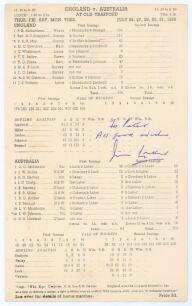 Jim Laker &lsquo;19 wickets&rsquo;. England v Australia, Old Trafford, 1956. Official fully printed scorecard for the historic Test match where Laker took 9-37 in the first and 10-53 in the second innings. Signed by Laker in blue ink with dedication &lsquo;To Peter, All go