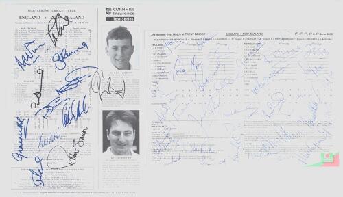 England v New Zealand 1994 & 2008. Two signed official Test match scorecards. One for the drawn 2nd Test, Lord&rsquo;s 1994, complete printed scores, with twelve signatures including Atherton, Gooch, Fraser, Such, Stewart, DeFreitas, Hick, White, Smith and Rhod