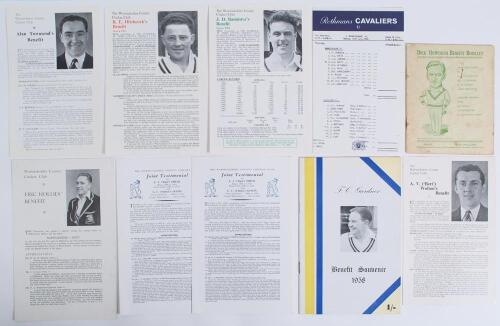Warwickshire Benefits and Testimonials 1948-1964. Eight original official Benefit leaflets/ brochures for Eric Hollies 1948 (staple holes to one corner), Tiger Smith & Chicko Austin 1954 (two copies), Fred Gardner 1958, Bert Wolton 1959, Alan Townsend 196