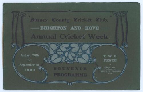 Sussex C.C.C. &lsquo;Brighton and Hove Annual Cricket Week&rsquo; 1909. Official souvenir programme produced by the Club for the matches played 26th August- 1st September 1909. 12pp landscape format programme with decorative limp cloth covers containing illustrated d