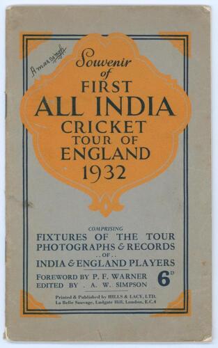 All India tour to England 1932. Souvenir brochure of the First All India Cricket Tour of England 1932. Edited by A.W. Simpson. Printed by Hills & Lacy Ltd of London. Very nicely signed in ink to pen pictures by seventeen members of the Indian touring part