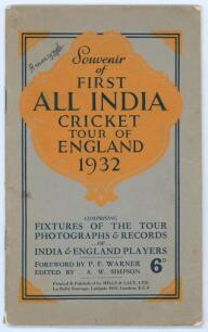 All India tour to England 1932. Souvenir brochure of the First All India Cricket Tour of England 1932. Edited by A.W. Simpson. Printed by Hills & Lacy Ltd of London. Very nicely signed in ink to pen pictures by seventeen members of the Indian touring part