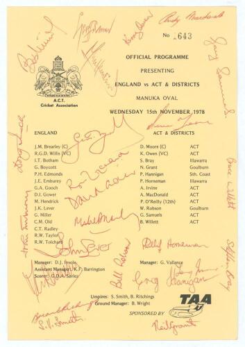 England tour to Australia 1978/79. Official programme/ scorecard for the one day tour match v Australian Capital Territory (ACT) and Districts played at the Manuka Oval, Canberra, 15th November 1978. Twenty four signatures in red ink to the programme of m