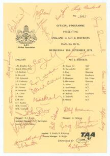 England tour to Australia 1978/79. Official programme/ scorecard for the one day tour match v Australian Capital Territory (ACT) and Districts played at the Manuka Oval, Canberra, 15th November 1978. Twenty four signatures in red ink to the programme of m
