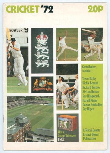 The Ashes. England v Australia 1972. &lsquo;Cricket &lsquo;72&rsquo;. Magazine published by the Test and County Cricket Board. Signed to the player profile pictures and pages by Australian and English players, twenty seven signatures in total. Signatures are I. Chappell, G