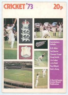 England v West Indies and New Zealand 1973. &lsquo;Cricket &lsquo;73&rsquo;. Magazine published by the Test and County Cricket Board. Signed to the player profile pictures and pages by players, twenty nine signatures in total of O&rsquo;Sullivan (New Zealand), Foster, Gibbs, Gre