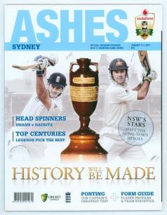 The Ashes 2010/11. Official souvenir programme published by Cricket Australia for the 5th Test, Sydney 3rd- 7th January 2011. Signed to the player pen pictures by Ponting, Clarke, Bollinger, Haddin, Harris, Hughes, Johnson, Katich, North, Siddle, Smith, W