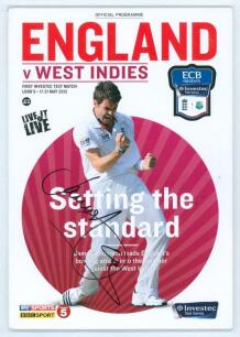 England v West Indies 2012. Official programme for the 1st Test, Lord&rsquo;s 17th- 21st May 2012. Signed to the front cover by James Anderson, and fully signed to the twenty seven player pen pictures by Strauss, Anderson, Bairstow, Bell, Bresnan, Broad, Cook, 