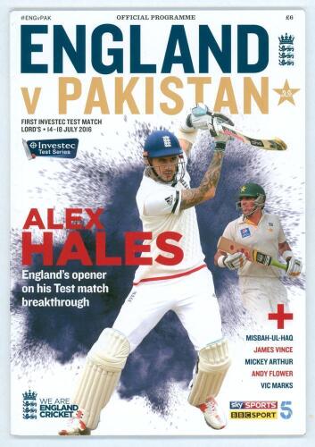 England v Pakistan 2016. Official programme for the 1st Test, Lord&rsquo;s 14th- 18th July 2016. Fully signed to the player pen pictures by Cook, Moeen Ali, Bairstow, Ballance, Ball, Broad, Finn, Roland-Jones, Root, Hales, Vince, Woakes (England), Misbah-ul-haq