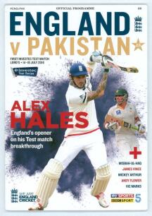 England v Pakistan 2016. Official programme for the 1st Test, Lord&rsquo;s 14th- 18th July 2016. Fully signed to the player pen pictures by Cook, Moeen Ali, Bairstow, Ballance, Ball, Broad, Finn, Roland-Jones, Root, Hales, Vince, Woakes (England), Misbah-ul-haq