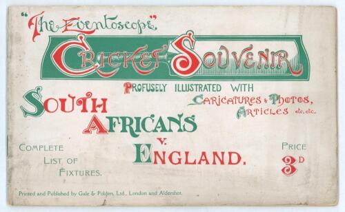 South Africa tour of England 1907. &lsquo;&rdquo;The Eventoscope&rdquo; Cricket Souvenir. South Africans v England. Complete list of fixtures&rsquo;. Edited by W. Smith Herbert. Published and printed by Gale & Polden Ltd, London & Aldershot 1907. 38pp plus adverts. Oblong shaped