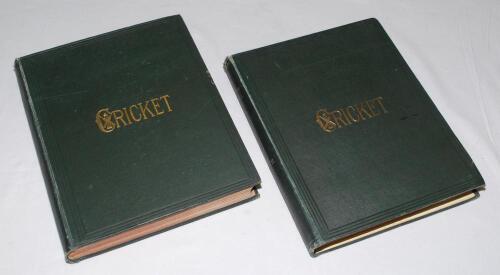 &lsquo;Cricket: A Weekly Record of the Game&rsquo;. Volumes X and XI. Numbers 260-289 (27th January to 31st December 1891) and 290-319 (28th January to 29th December 1892. Complete with title and contents pages to fronts. Illustrated. Original publishers cloth with t