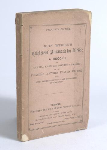 Wisden Cricketers&rsquo; Almanack 1883. 20th edition. Original paper wrappers. Some wear, age toning and staining and chipping to wrappers, slight loss to top right hand corner and larger loss to corner of bottom left hand corner, slight loss to top left hand c
