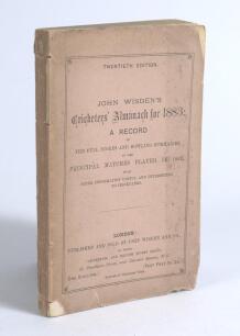 Wisden Cricketers&rsquo; Almanack 1883. 20th edition. Original paper wrappers. Some wear, age toning and staining and chipping to wrappers, slight loss to top right hand corner and larger loss to corner of bottom left hand corner, slight loss to top left hand c