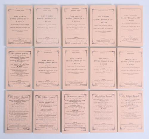 Wisden Cricketers&rsquo; Almanack 1864-1878. Fifteen facsimile editions, with pink wrappers, second facsimile edition printed by Lowe & Brydone Ltd, London 1974. Limited edition. Lacking original yellow box. Good/very good condition.