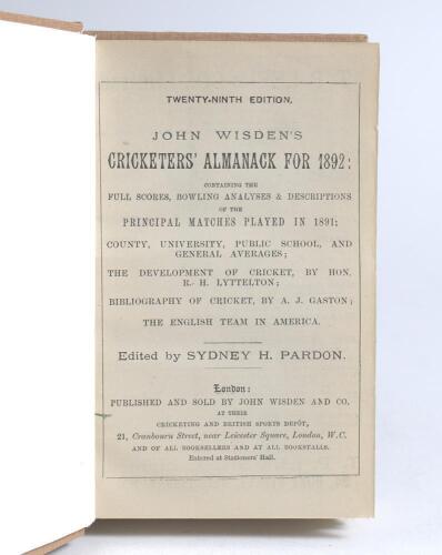 Wisden Cricketers&rsquo; Almanack 1892. 29th edition. Bound in light brown boards, lacking original wrappers, with title and date in gilt to spine. Lacking advertising pages otherwise in good/very good condition