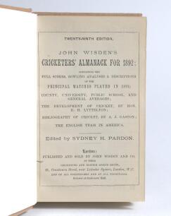 Wisden Cricketers&rsquo; Almanack 1892. 29th edition. Bound in light brown boards, lacking original wrappers, with title and date in gilt to spine. Lacking advertising pages otherwise in good/very good condition