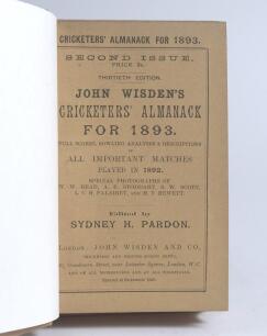 Wisden Cricketers&rsquo; Almanack 1893. 30th edition. Second Edition. Bound in light brown boards, with original wrappers, with title and date in gilt to spine, red speckled page edges. Complete with advertising pages and in very good condition