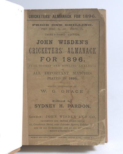 Wisden Cricketers&rsquo; Almanack 1896 and 1898. 33rd & 35th editions. Bound in light brown boards with title and date in gilt to spine. The 1896 edition with worn original wrappers, loss to original wrapper edges otherwise in good condition. The 1898 edition w
