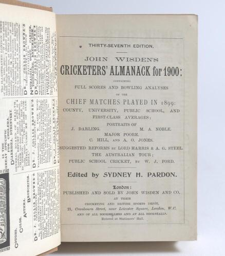 Wisden Cricketers&rsquo; Almanack 1900 and 1902. 37th & 39th editions. Bound in light brown boards, lacking original wrappers, with title and date in gilt to spine. The 1900 edition with original rear wrapper which has loss to corners otherwise in good conditio