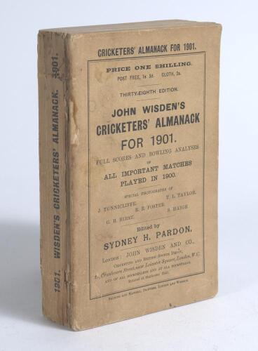 Wisden Cricketers&rsquo; Almanack 1901. 38th edition. Original paper wrappers. Some wear to the spine paper with slight loss, some darkening and discolouration to the spine paper area, breaking to book block with first section becoming loose, some foxing to pag