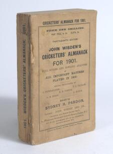 Wisden Cricketers&rsquo; Almanack 1901. 38th edition. Original paper wrappers. Some wear to the spine paper with slight loss, some darkening and discolouration to the spine paper area, breaking to book block with first section becoming loose, some foxing to pag