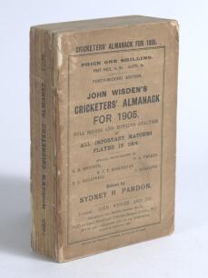 Wisden Cricketers&rsquo; Almanack 1905. 42nd edition. Original paper wrappers. Some wear to the spine paper with some loss, some darkening and discolouration to the spine paper area, breaking to book block with first section becoming loose, some foxing to page 