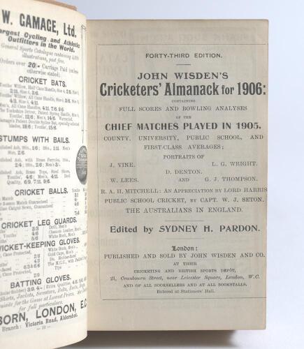 Wisden Cricketers&rsquo; Almanack 1906 and 1907. 43rd & 44th editions. Bound in light brown boards, lacking original wrappers, with title and date in gilt to spine. Both editions with odd page a little tightly trimmed by the binder otherwise in good condition. 
