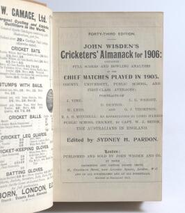 Wisden Cricketers&rsquo; Almanack 1906 and 1907. 43rd & 44th editions. Bound in light brown boards, lacking original wrappers, with title and date in gilt to spine. Both editions with odd page a little tightly trimmed by the binder otherwise in good condition. 