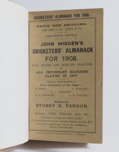 Wisden Cricketers&rsquo; Almanack 1908 and 1909. 45th & 46th editions. Bound in light brown boards with title and date in gilt to spine. The 1908 with good front original wrapper, lacking rear wrapper, the 1909 with poor front original wrapper, lacking rear wra