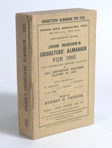 Wisden Cricketers&rsquo; Almanack 1910. 47th edition. Original paper wrappers. Some breaking to book block with first section becoming loose, some loss to spine paper otherwise in good condition