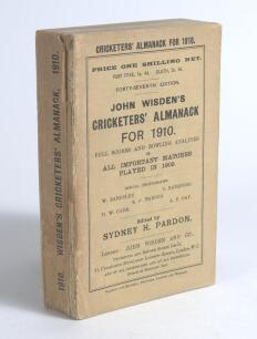 Wisden Cricketers&rsquo; Almanack 1910. 47th edition. Original paper wrappers. Some breaking to book block with first section becoming loose, some loss to spine paper otherwise in good condition
