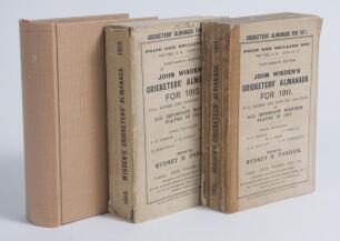 Wisden Cricketers&rsquo; Almanack 1911, 1912 and 1913. 48th, 49th & 50th editions. The first two editions with original paper wrappers. The 1911 edition with tape to spine and over wrapper edge near to spine, some breaking to spine block, odd faults and the 191