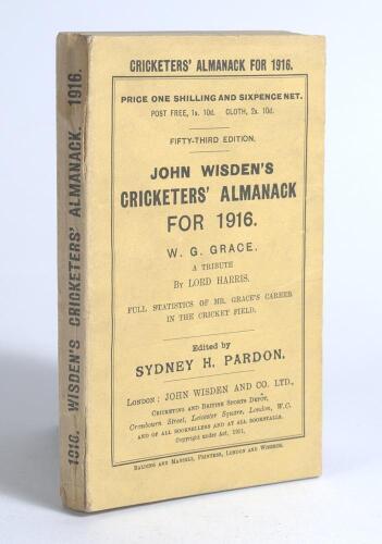 Wisden Cricketers&rsquo; Almanack 1916. 53rd edition. Original paper wrappers. Minor break between the front wrapper and the spine at the base of the front wrapper, very odd minor faults otherwise in very good condition. Rare war-time edition