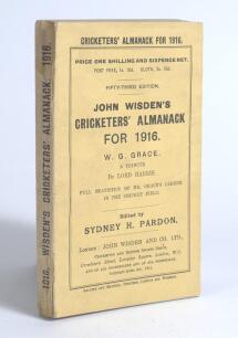 Wisden Cricketers&rsquo; Almanack 1916. 53rd edition. Original paper wrappers. Minor break between the front wrapper and the spine at the base of the front wrapper, very odd minor faults otherwise in very good condition. Rare war-time edition