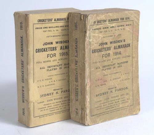 Wisden Cricketers&rsquo; Almanack 1914 and 1915. 51st & 52nd editions. Original paper wrappers. The 1914 edition worn and age toned with minor ink staining, wear and staining to spine paper with small loss, the 1915 edition has a small amount of printed text mi