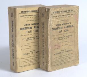 Wisden Cricketers&rsquo; Almanack 1914 and 1915. 51st & 52nd editions. Original paper wrappers. The 1914 edition worn and age toned with minor ink staining, wear and staining to spine paper with small loss, the 1915 edition has a small amount of printed text mi