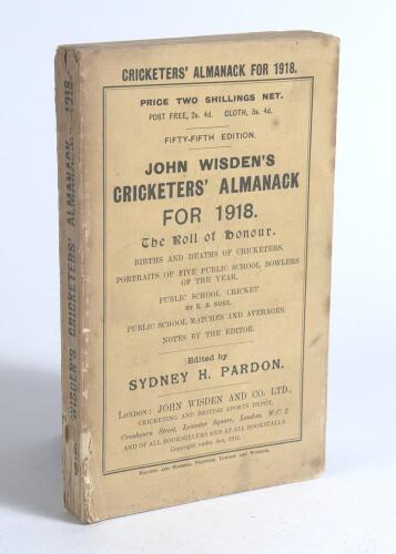Wisden Cricketers&rsquo; Almanack 1918. 55th edition. Original paper wrappers. Discolouration and wear to spine paper, some loss to spine paper and lower corner of the front wrapper, some marks to front and rear wrapper edges, some ink staining to rear wrapper,
